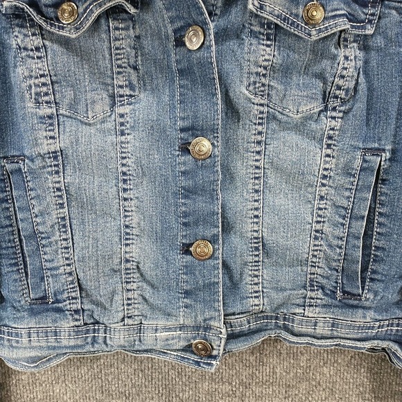 WallFlower Girls Hooded Denim Jean Jacket Blue Green Camo Large Layered Look - Picture 4 of 12